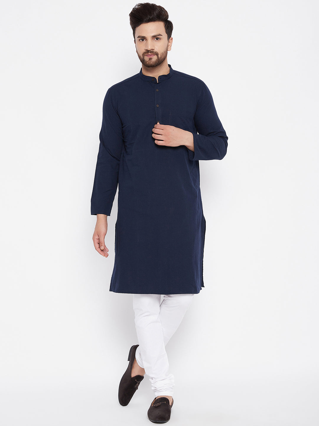 Men's Cotton Self Striped Blue Kurta