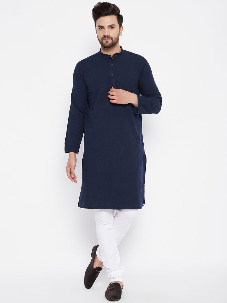 Men's Cotton Self Striped Blue Kurta