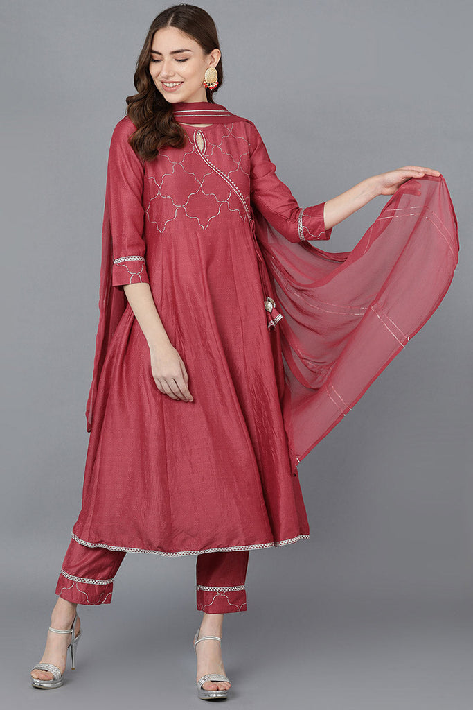 Women's Poly Silk Embroidered Kurta Pants With With Dupatta