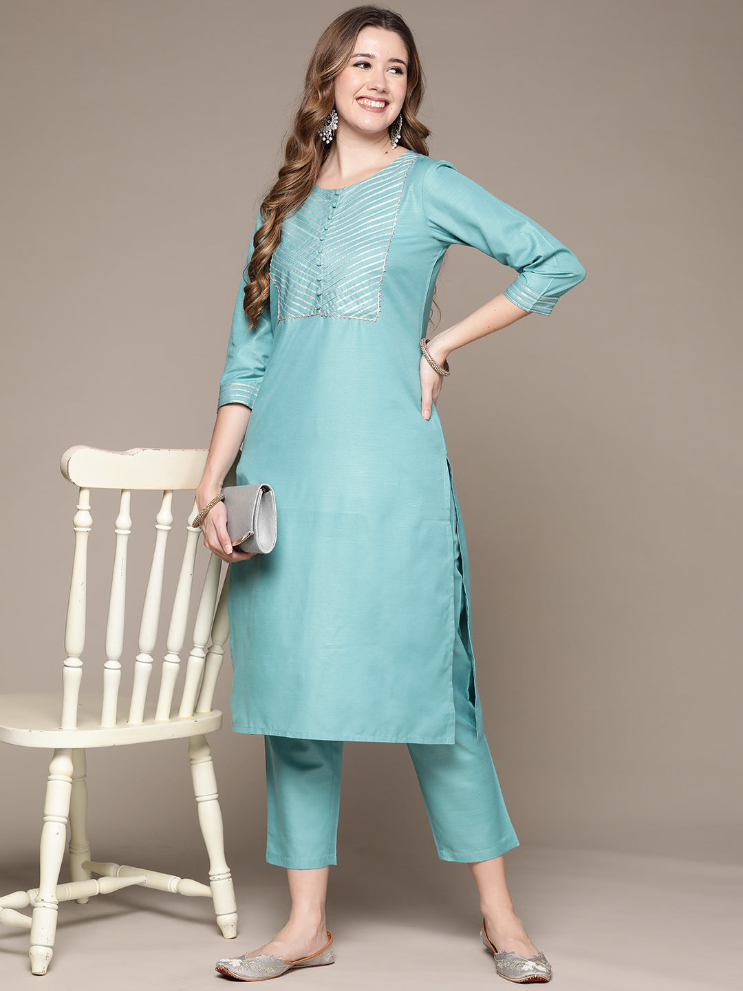 Women's Sky Blue Gotta Patti Kurta Set with Trousers