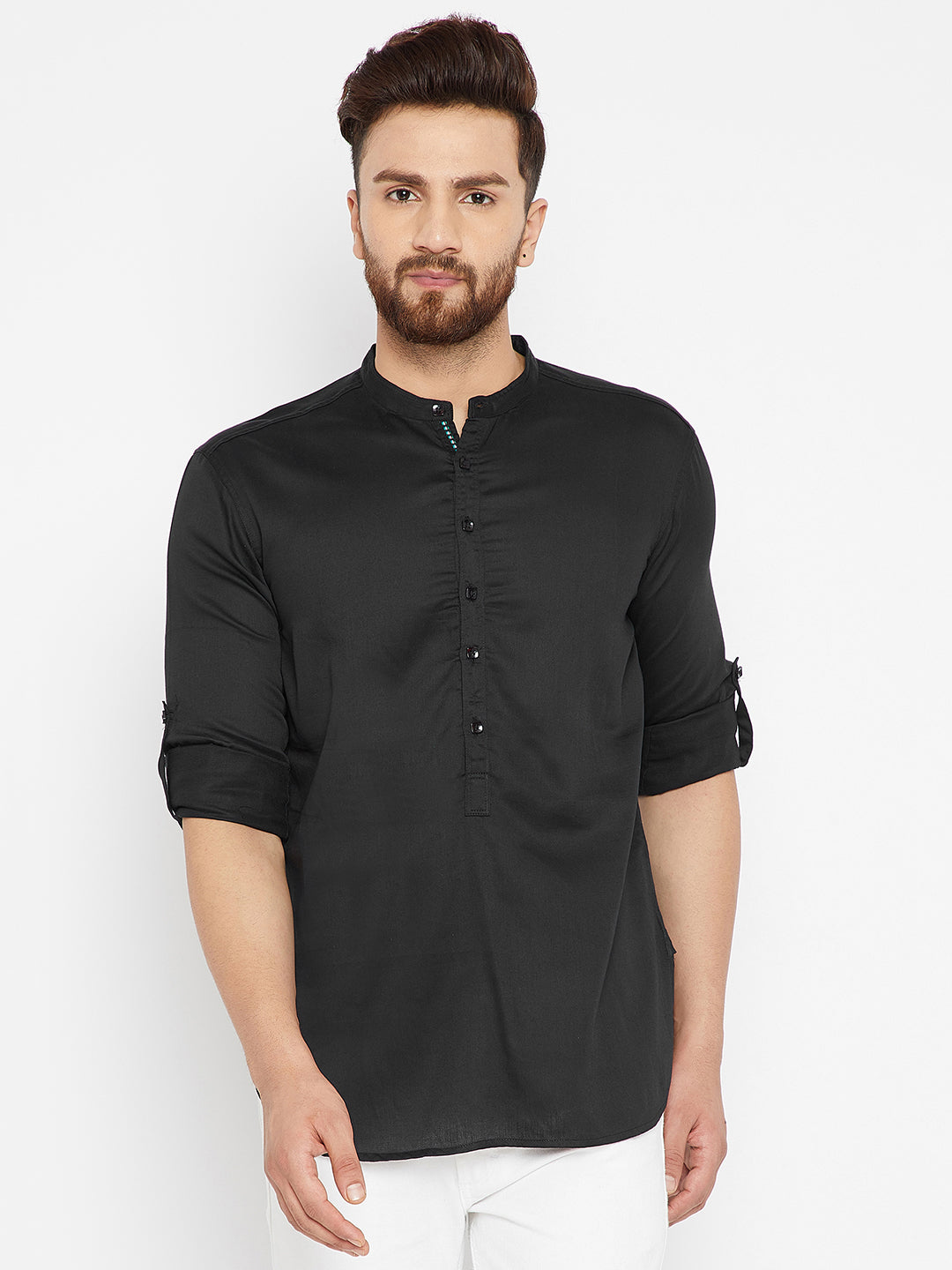 Men's Black Pure Cotton Solid Shirt Kurta - Even Apparels