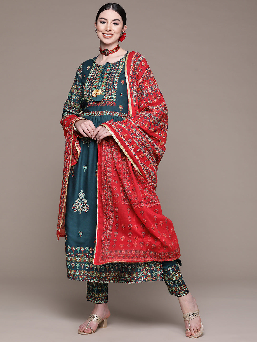 Women Teal Green Printed Kurta with Palazzos & Dupatta