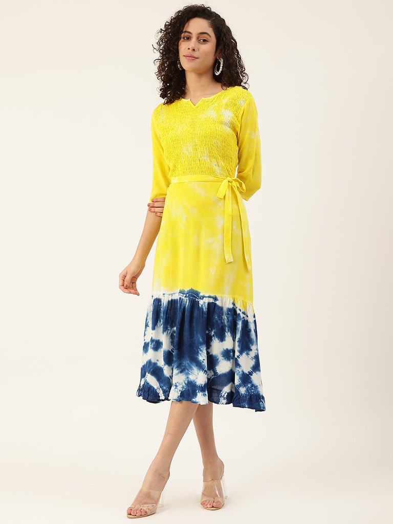 Women's Yellow Blue Bobbin Tie-Dye Rayon Dress