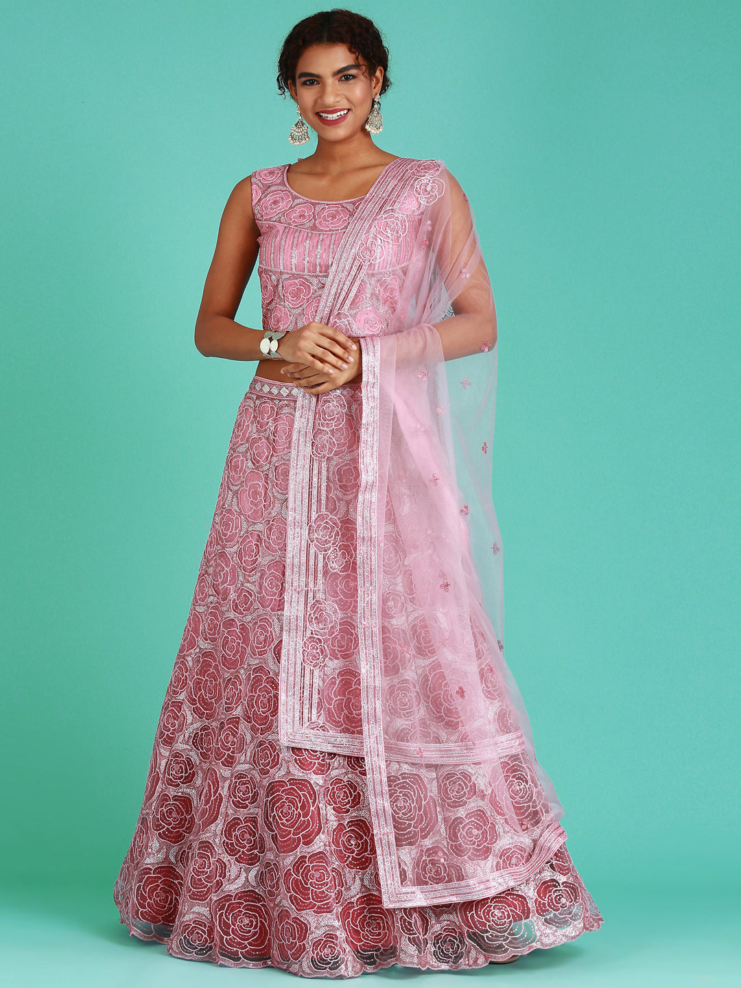 Women's Pink Net Gotapatti Work Lehenga & Blouse, Dupatta - Royal Dwells