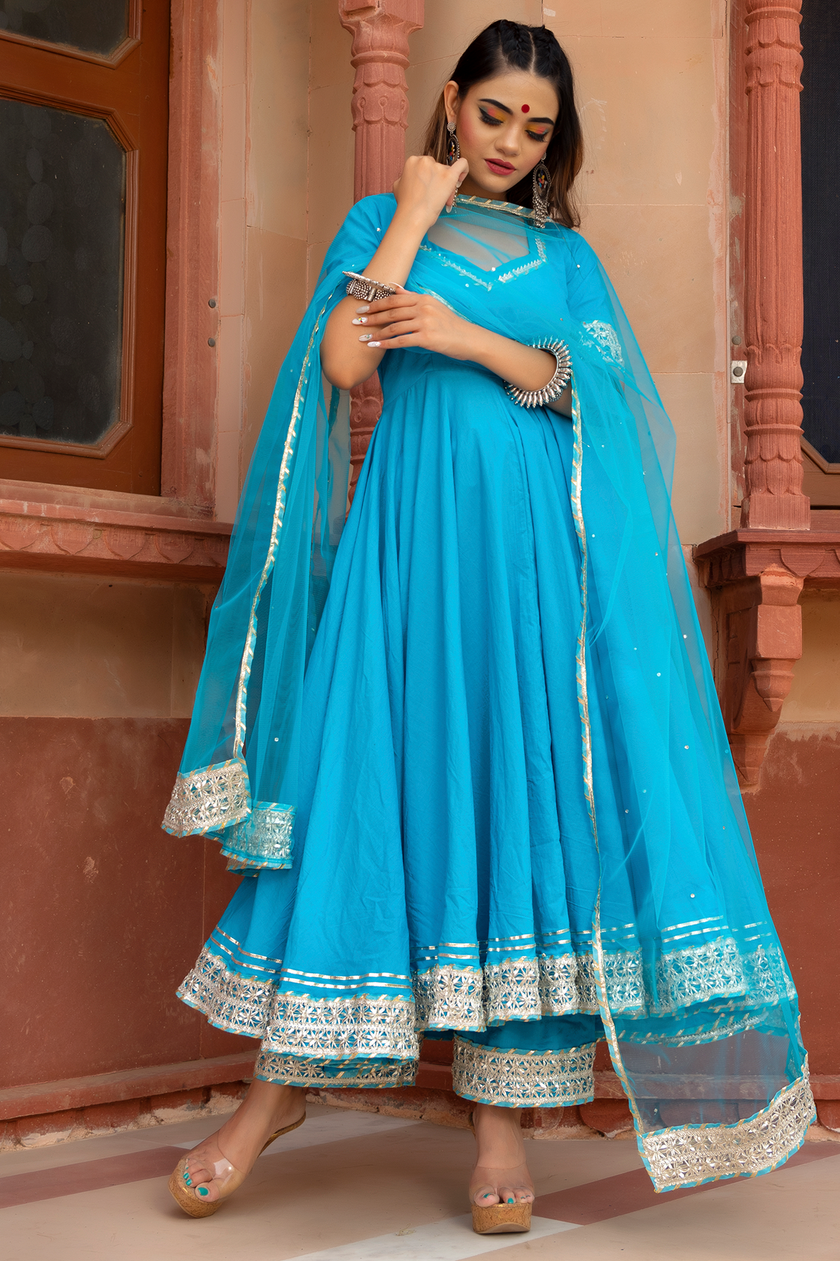 Women's Sky Blue Cotton Anarkali Kurta with Pant & Dupatta (3pcs Set) - Pomcha Jaipur