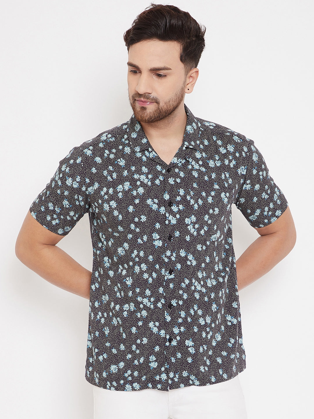 Men's Black & Aqua Floral Cuban Collar Shirt