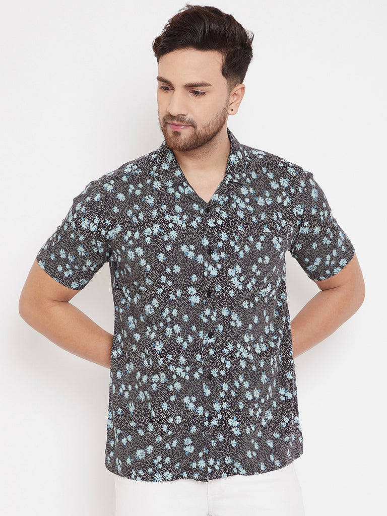 Men's Black & Aqua Floral Cuban Collar Shirt