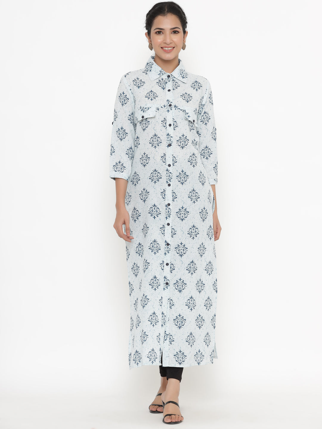 Women's Self Desgin Cotton Fabric A-Line Kurta Blue Color - Kipek