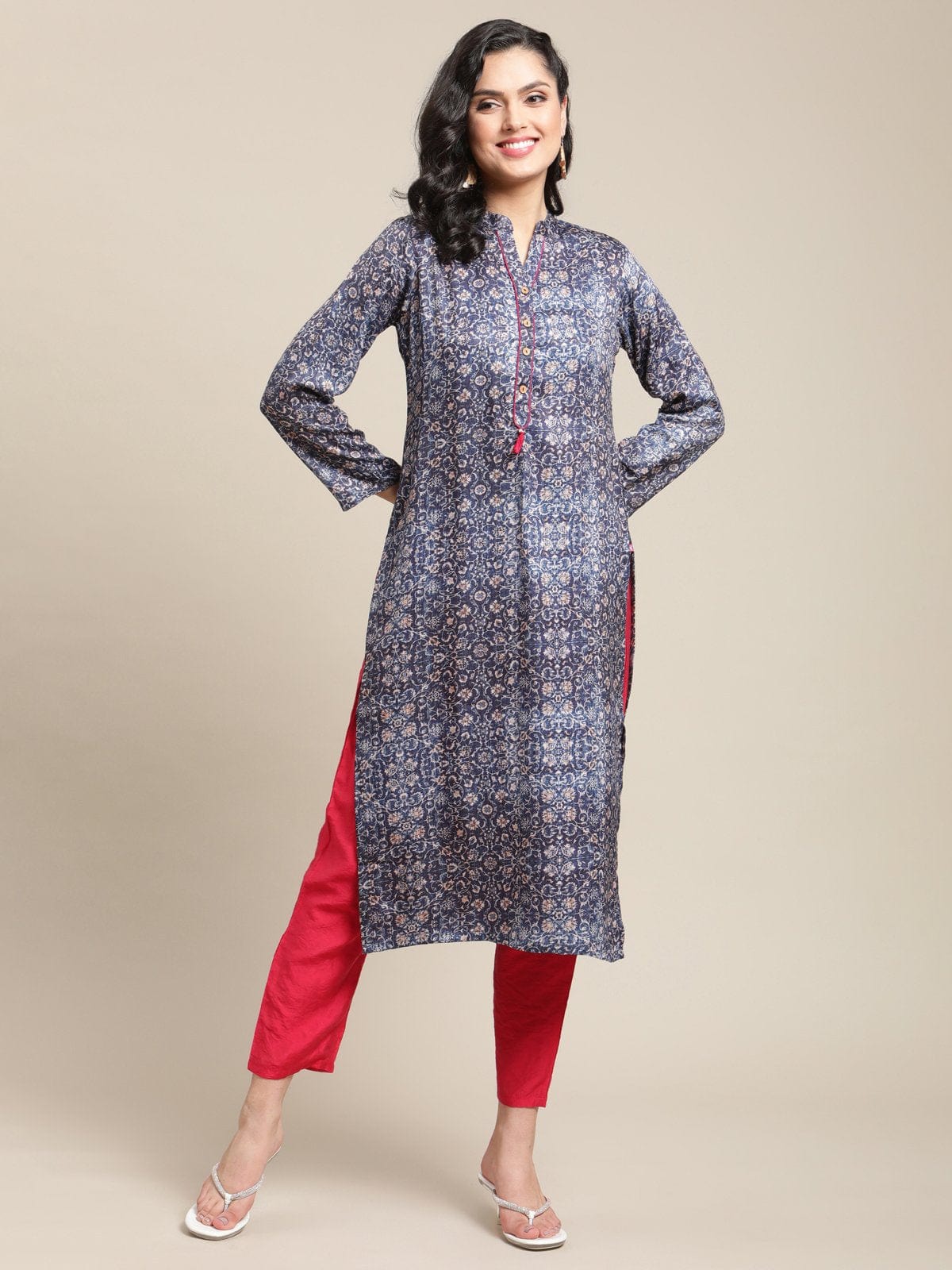 Women's Blue And Beige Mandain Collar  Floral Printed Pashmina Kurta With Straight Hemline And Full Sleeve - Varanga