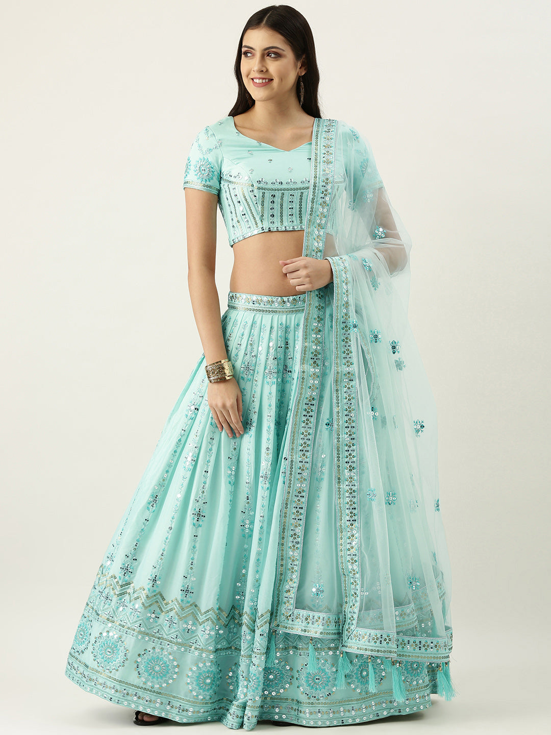 Women's Turqouise Blue Pure Georgette Embroidered Fully Stitched Lehenga & Stitched Blouse, Dupatta - Royal Dwells