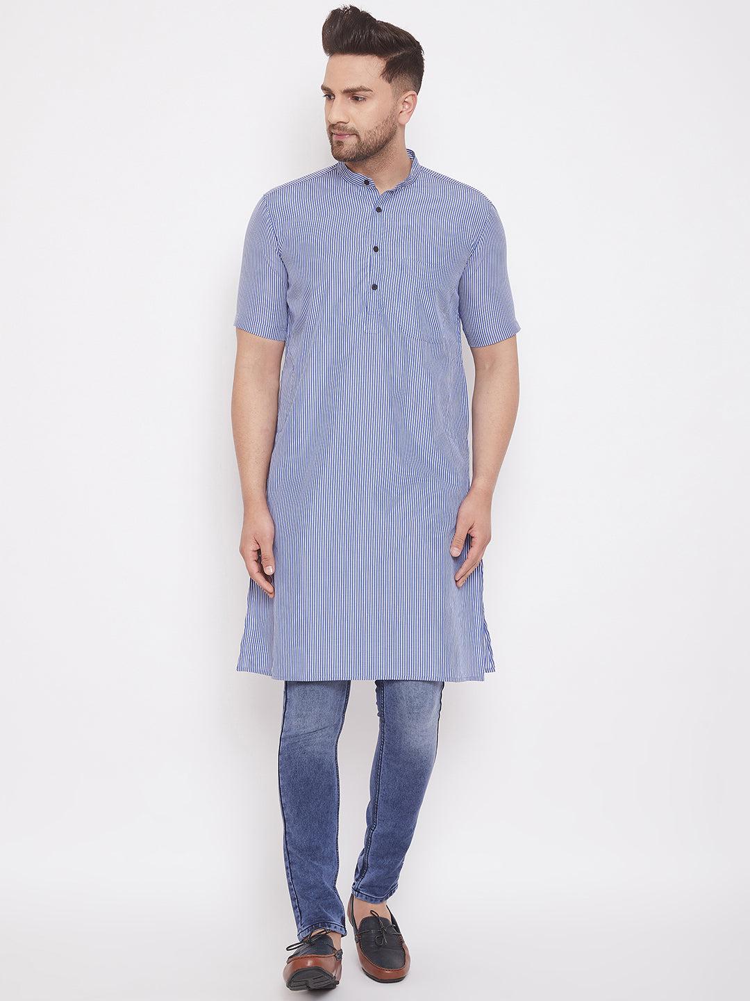 Men's Striped Blue Cotton Kurta