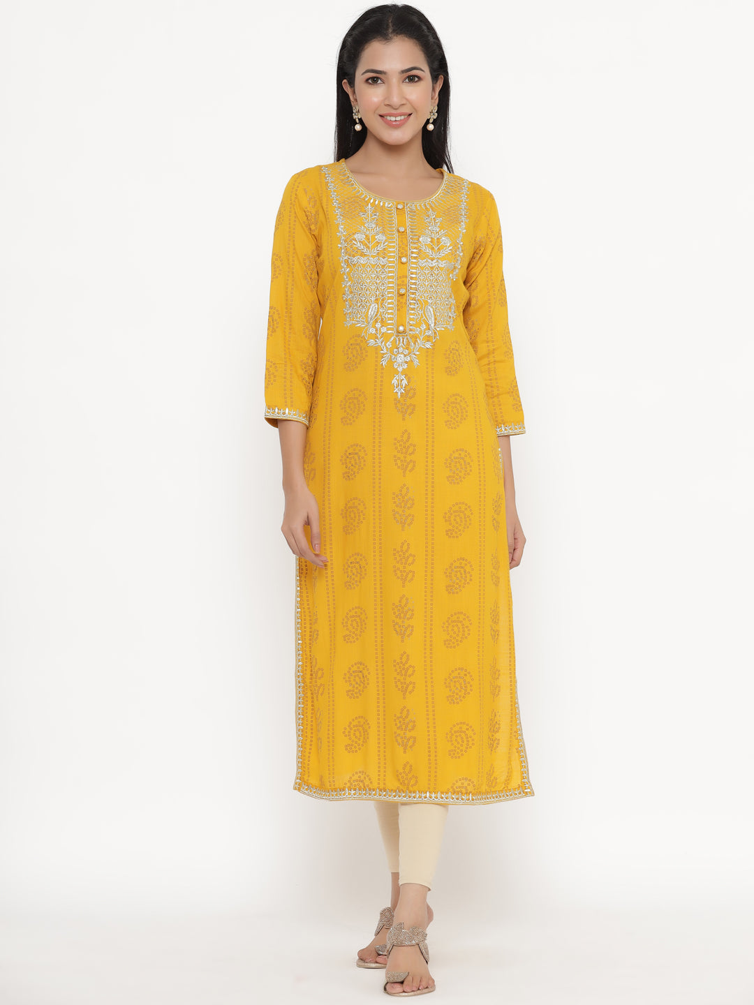 Women's Self Desgin Rayon Fabric Straight Kurta Yellow Color - Kipek