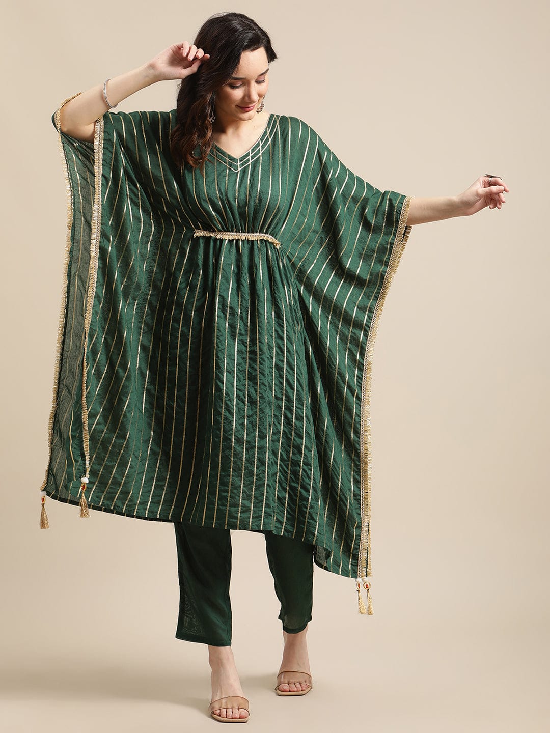 Women's Green Gold Lurex Striped Kurta Kaftan With Straight Trouser - Varanga