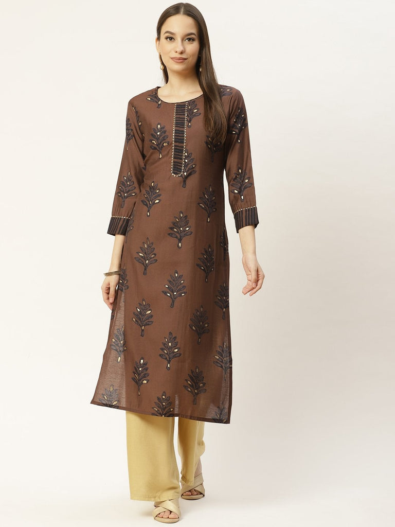 Women's Brown & Black Floral Printed Kurta (1pc)