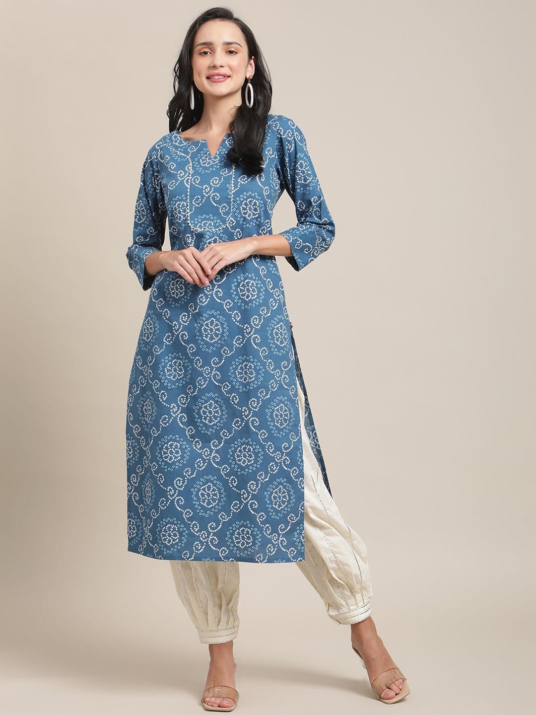 Women's KSUT Blue And White Bandhej Printed Kurta With 3/4Th Sleeves - Varanga