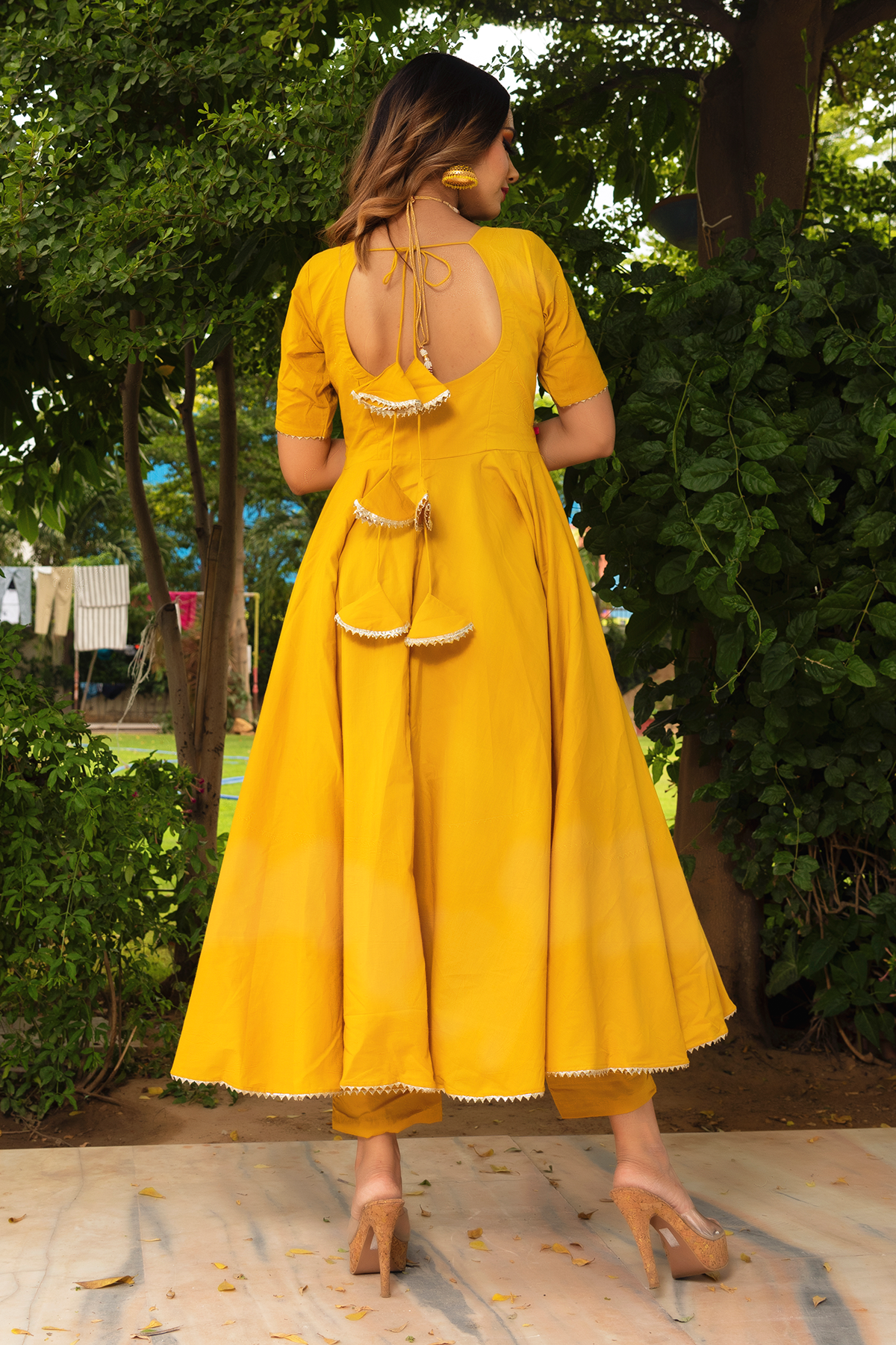 Women's Yellow Anarkali suit set with Pants & Dupatta by Pomcha Jaipur- (3pcs set)