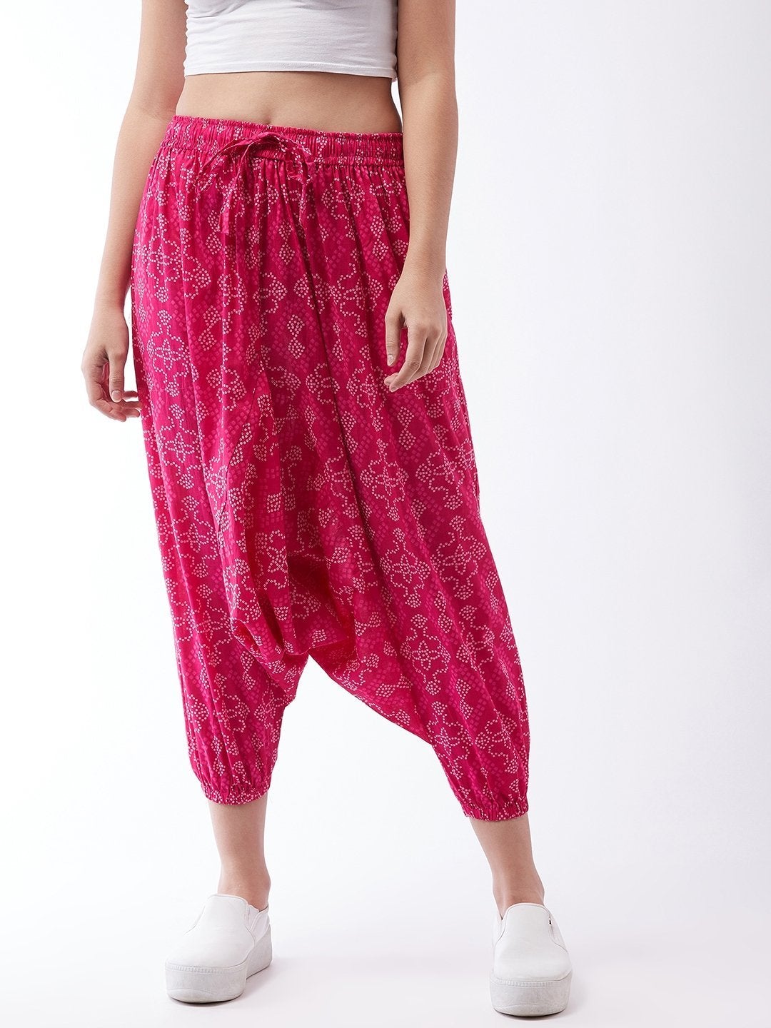 Women's Pink Bandhini Harem Pants For Teens - InWeave