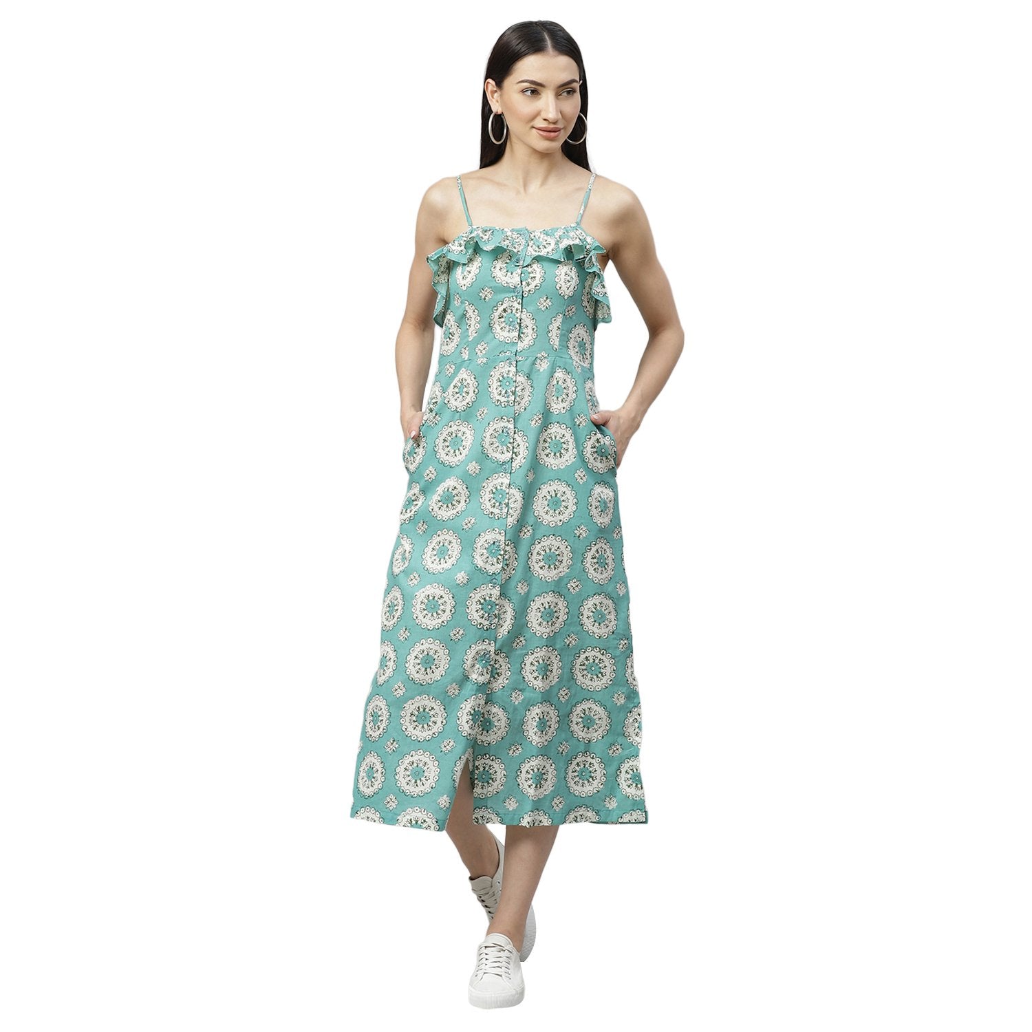 Women's Blue Cotton Printed Sleeveless Srep Neck Casual Dress - Myshka