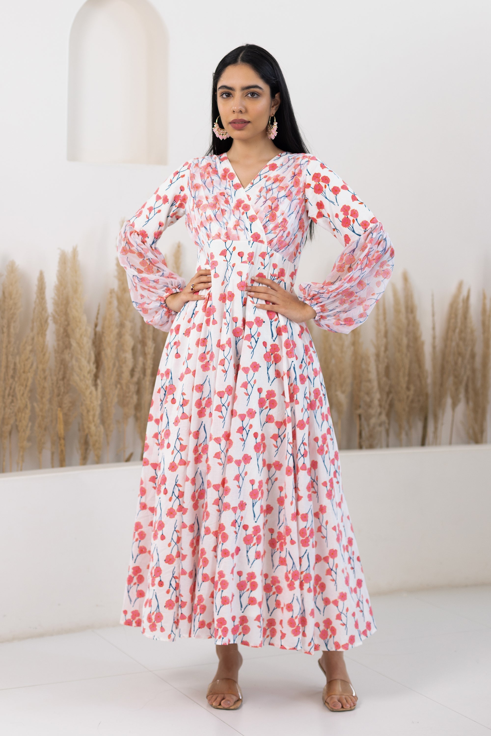 White Floral Printed Gown For Women By Saras The Label- (1Pc Set)