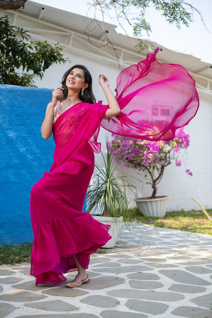 Women's Rani Pink Ruffle Saree
