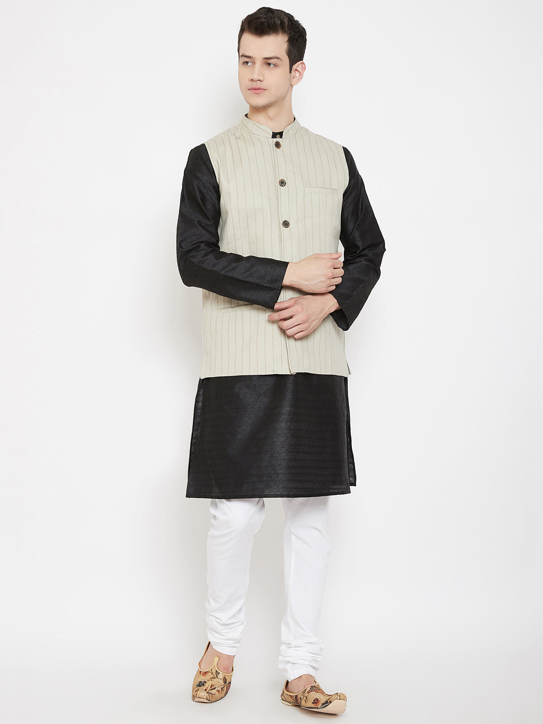 Men's Striped Beige Linen Nehru Jacket - Even Apparels