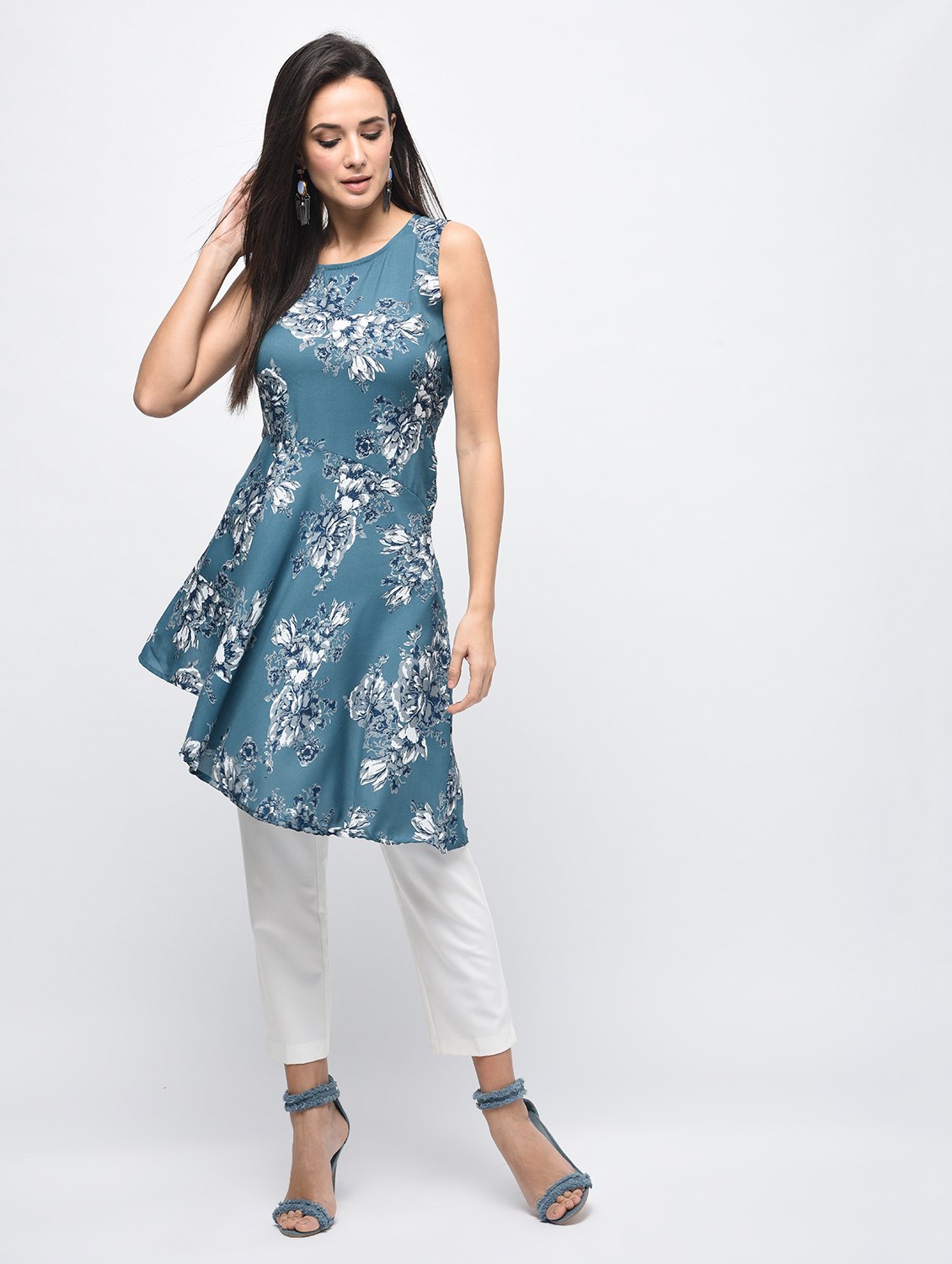 Women's Blue Polyester Printed Sleeveless Round Neck Casual Kurta Only - Myshka