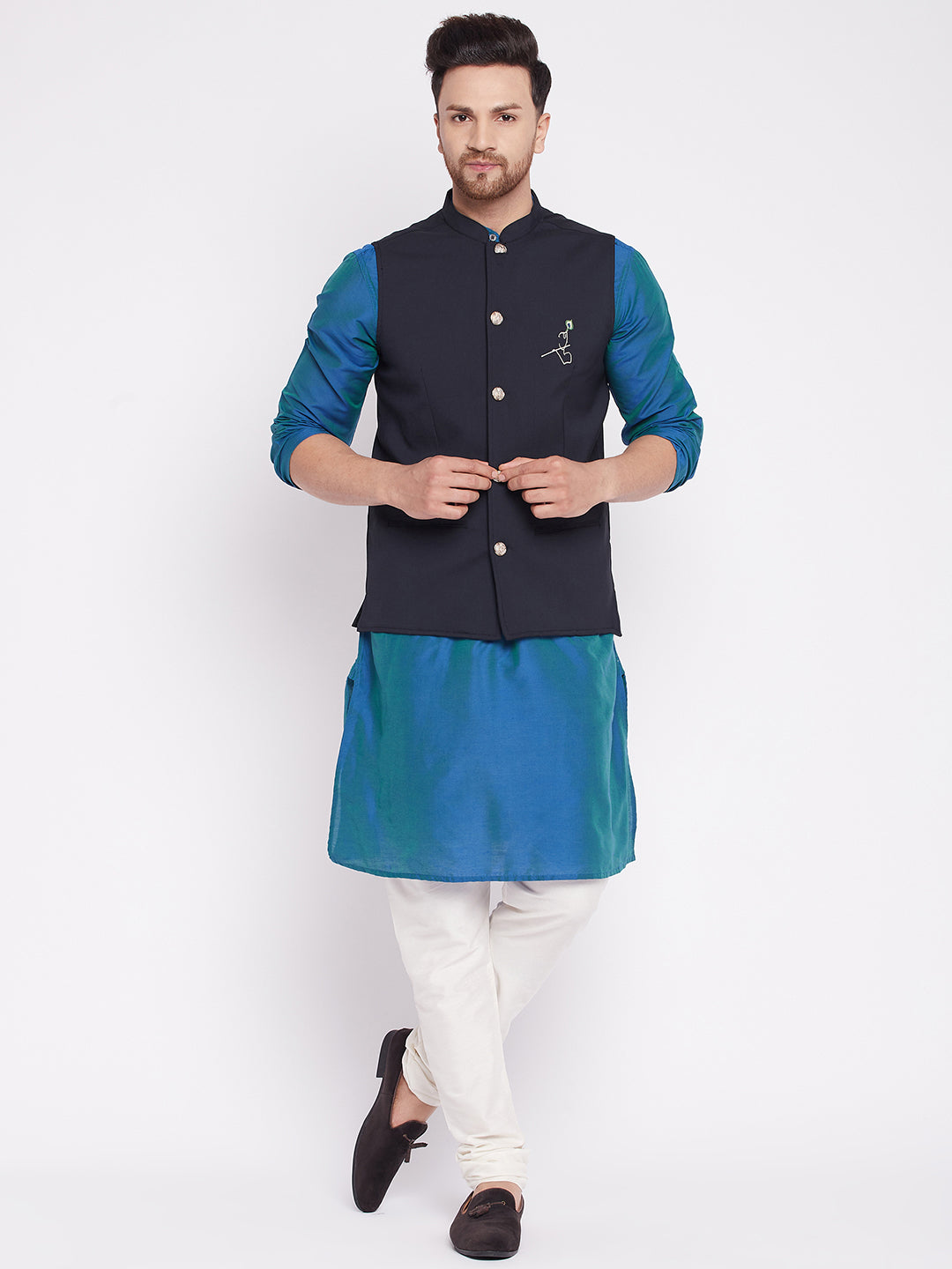 Men's Nehru Jacket With Embroided Insignia Of Lord Krishna -Even Apparels