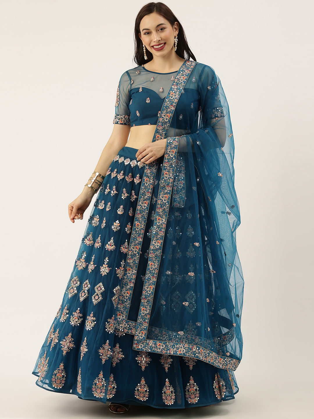 Women's Teal Colour Net With Miror Work Fully Stitched Lehenga & Blouse With Dupatta - Royal Dwells