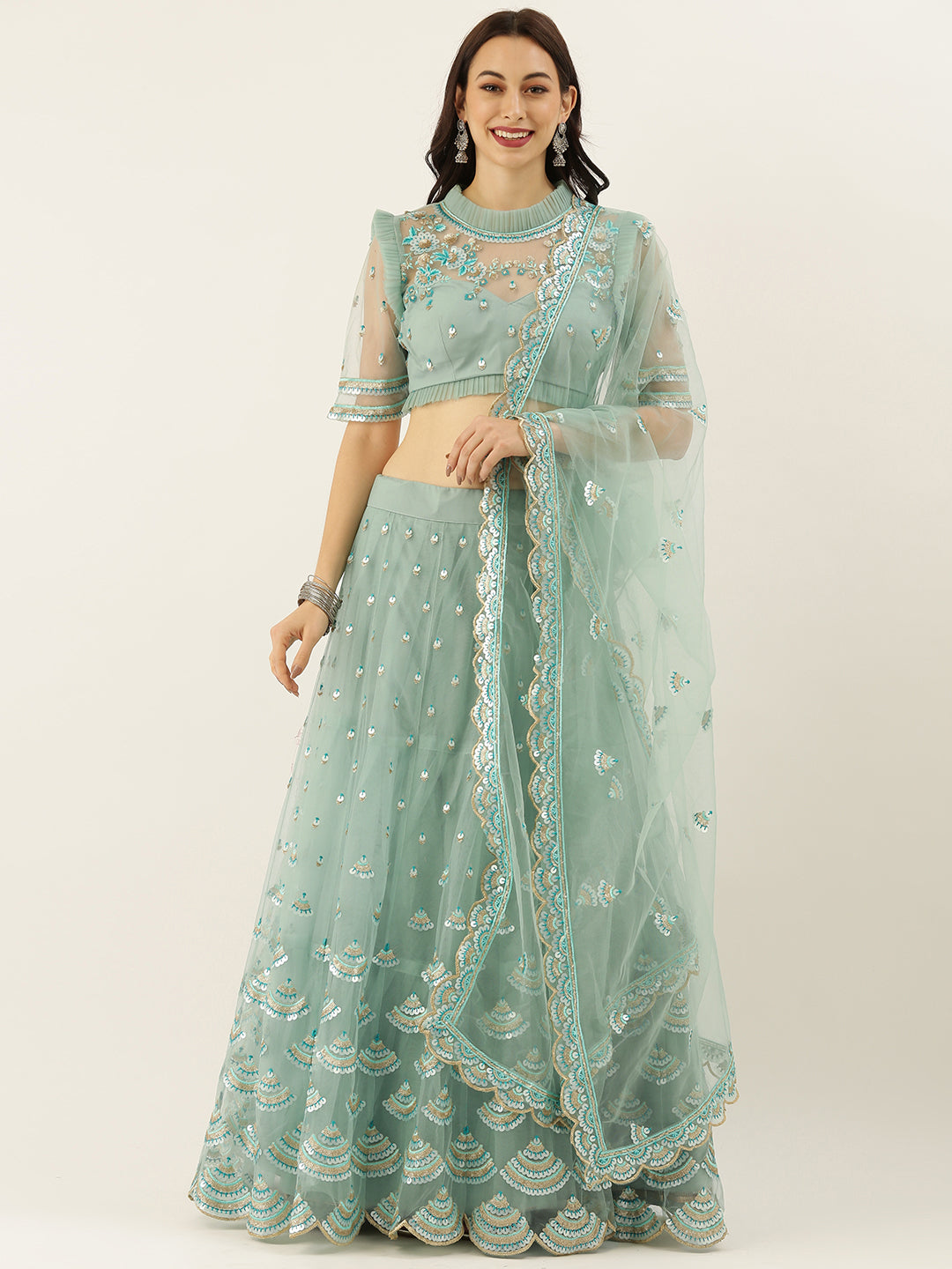 Women's Turquoise Blue - Twin Sequin Embroidered Net Lehenga - Royal Dwells