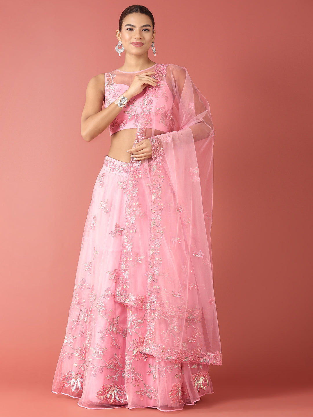Women's Pink Net Peach Colour Sequince Work Lehenga & Blouse, Dupatta - Royal Dwells