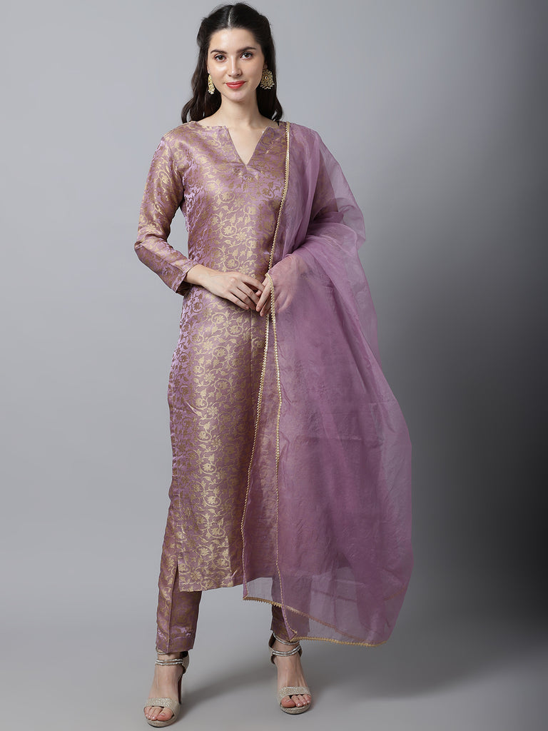 Women's Lilac Charm Brocade Straight Kurti With Straight Pants And Organza Dupatta