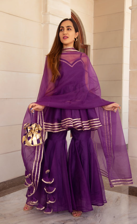 Women's Masakali Purple Organza Sharara Set - Pomcha Jaipur