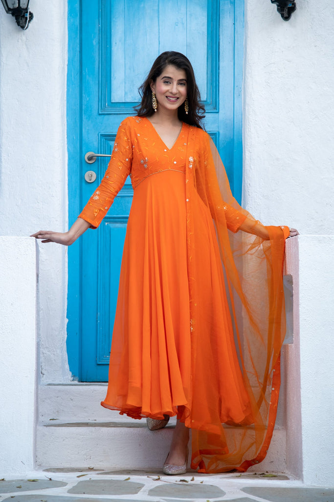 Women's Orange Anarkali Set