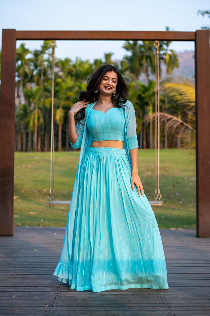 Women's Sky Blue Lehenga With Jacket