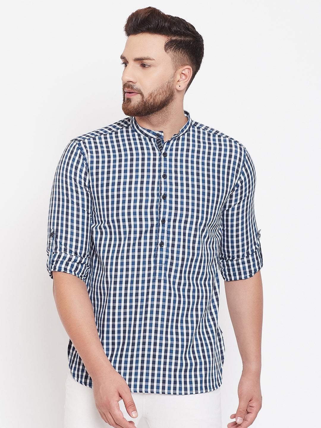 Men's Checked Blue & White Shirt Kurta