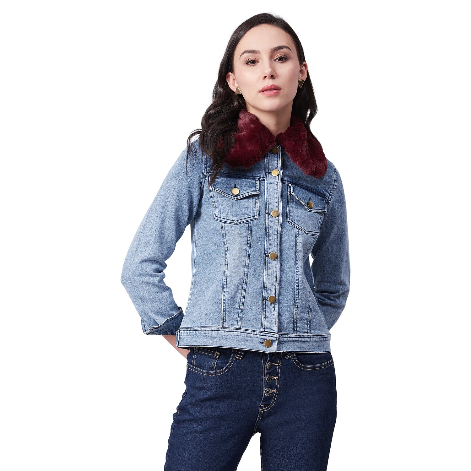 Women's Distressed Denim Jacket with Detachable Maroon Fur Collar - StyleStone