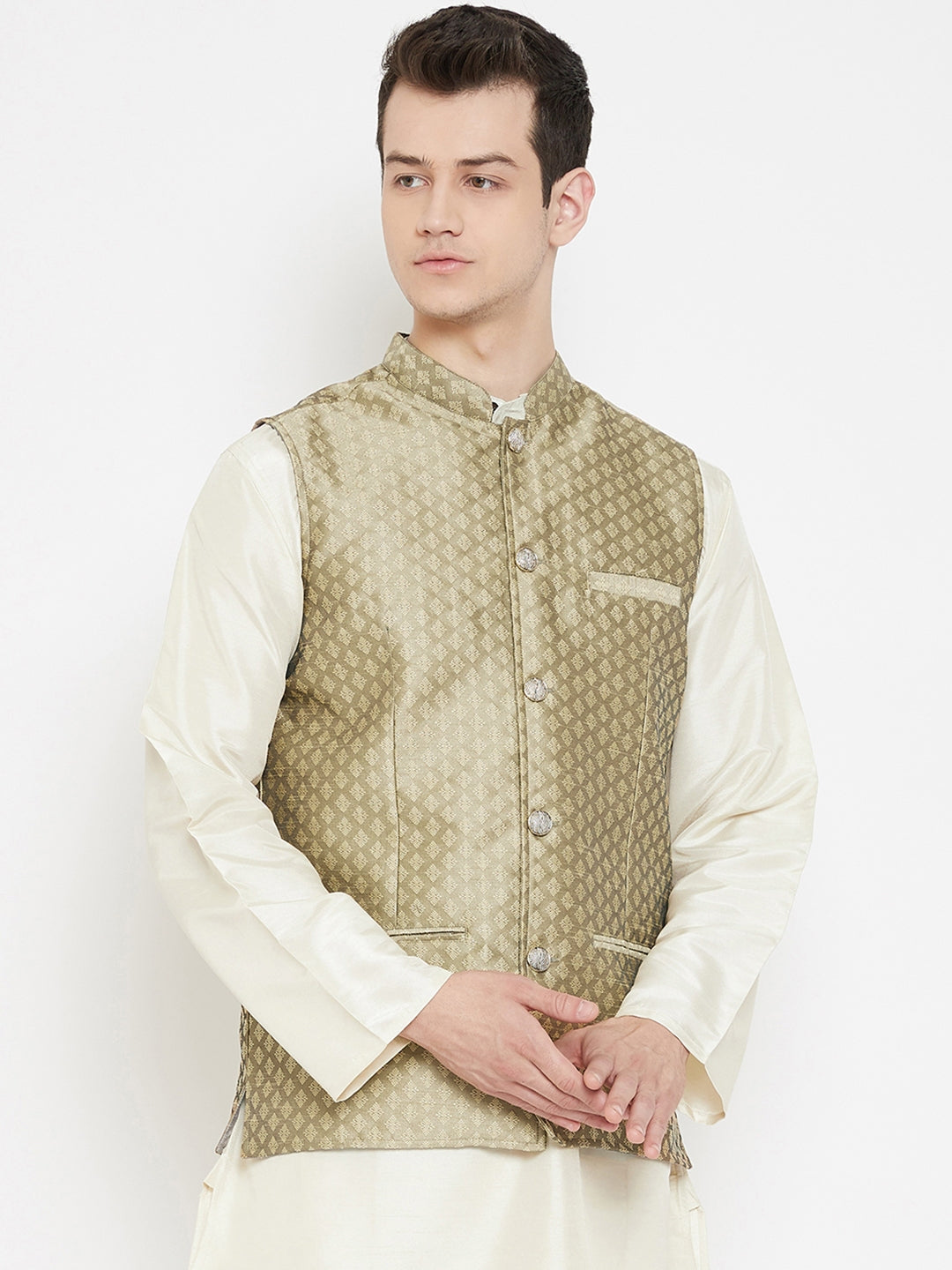 Men's Jacquard Beige Silk Nehru Jacket