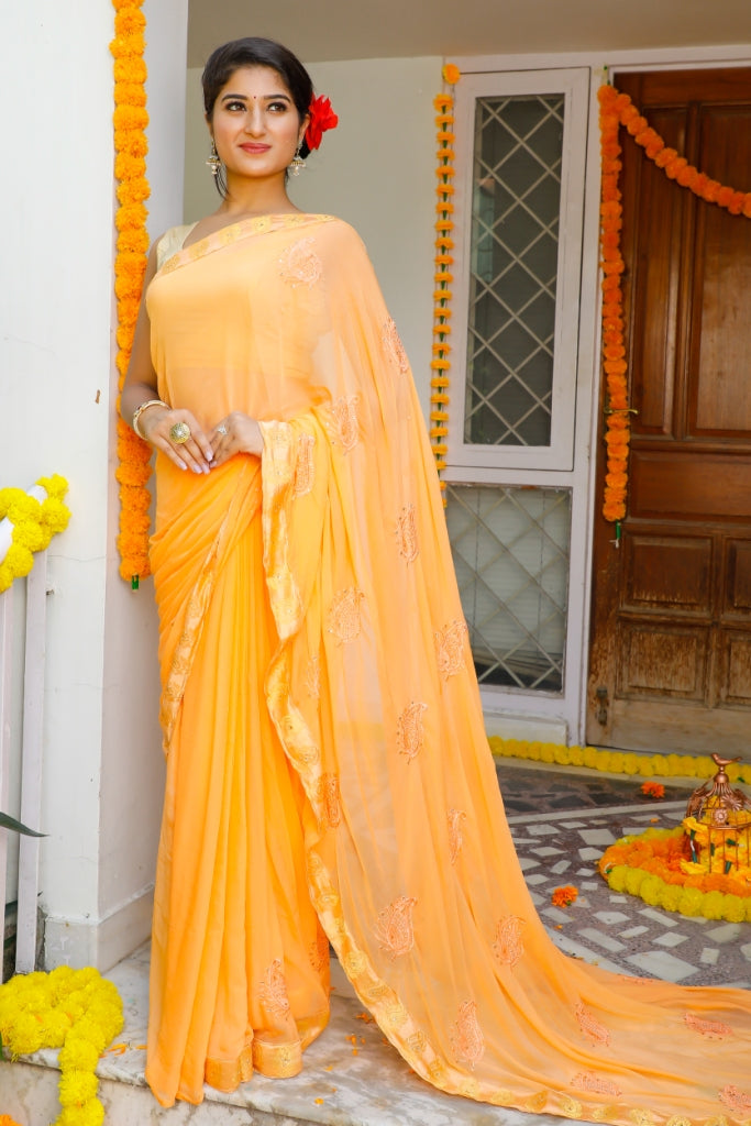 Women's Orange Chiffon Saree - Indi Inside