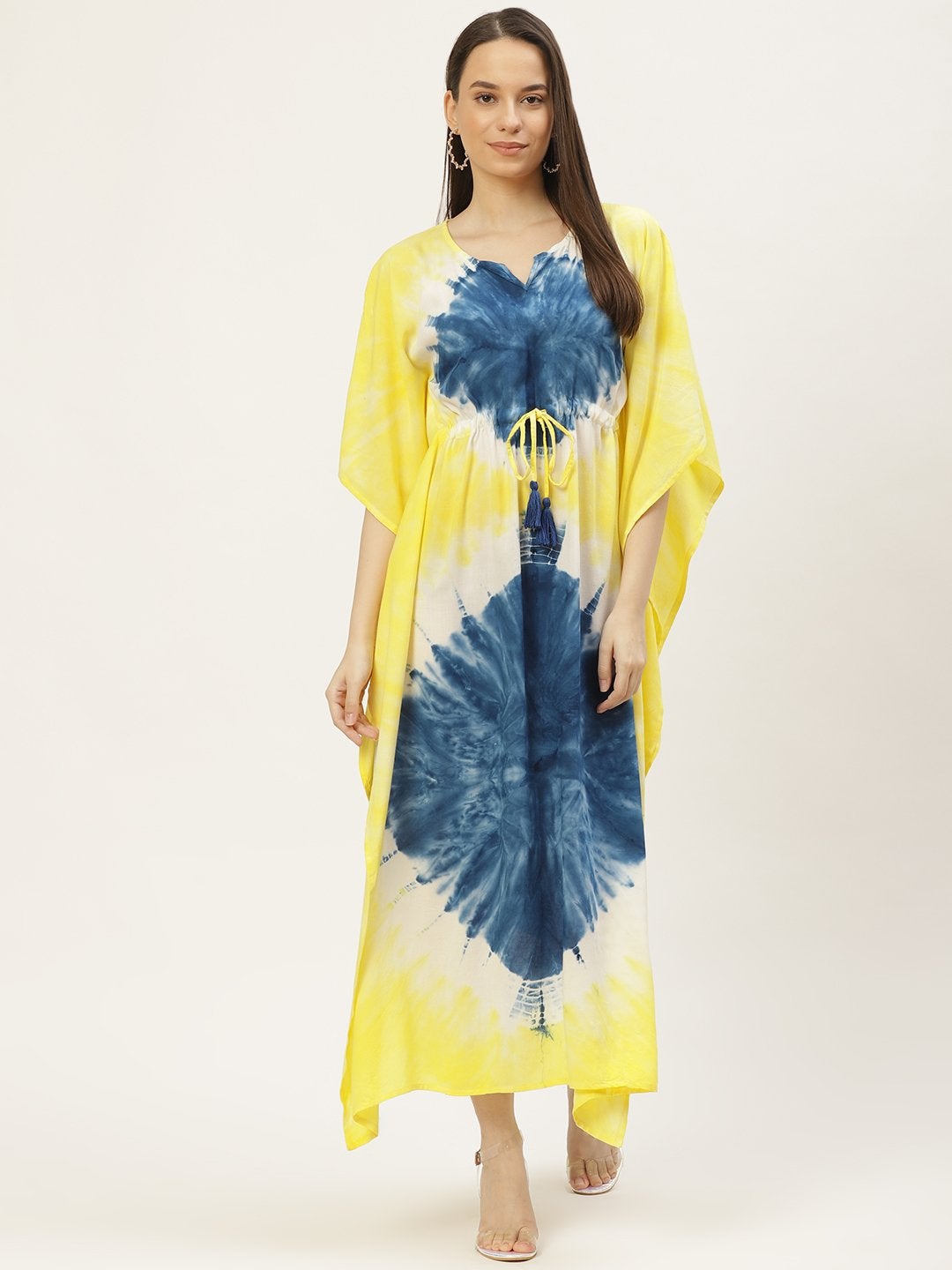 Women's Yellow & Blue Tie-Dye Kaftan Dress (1pc) - Maaesa