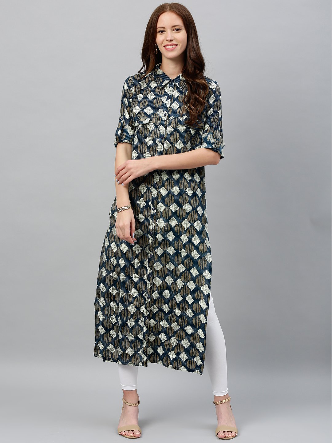 Women's Printed D-Line Cotton Fabric Straight Kurta Blue Color - Kipek