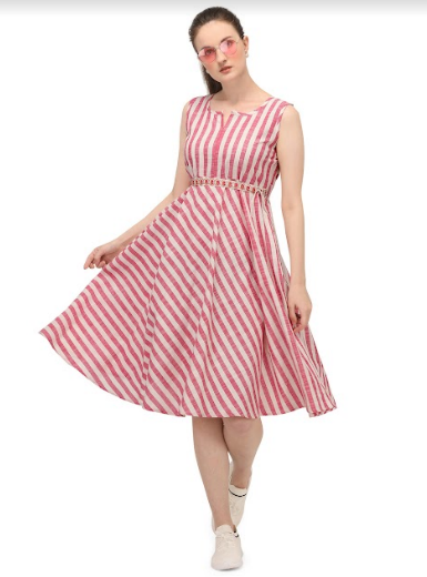 Women's Baby Pink And White Strip Sleeves Less Midi Dress - MESMORA FASHIONS