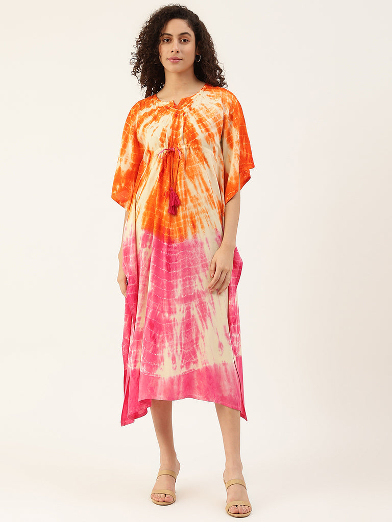 Women's Pink-orange Tie-Dye Rayon Kaftan Dress