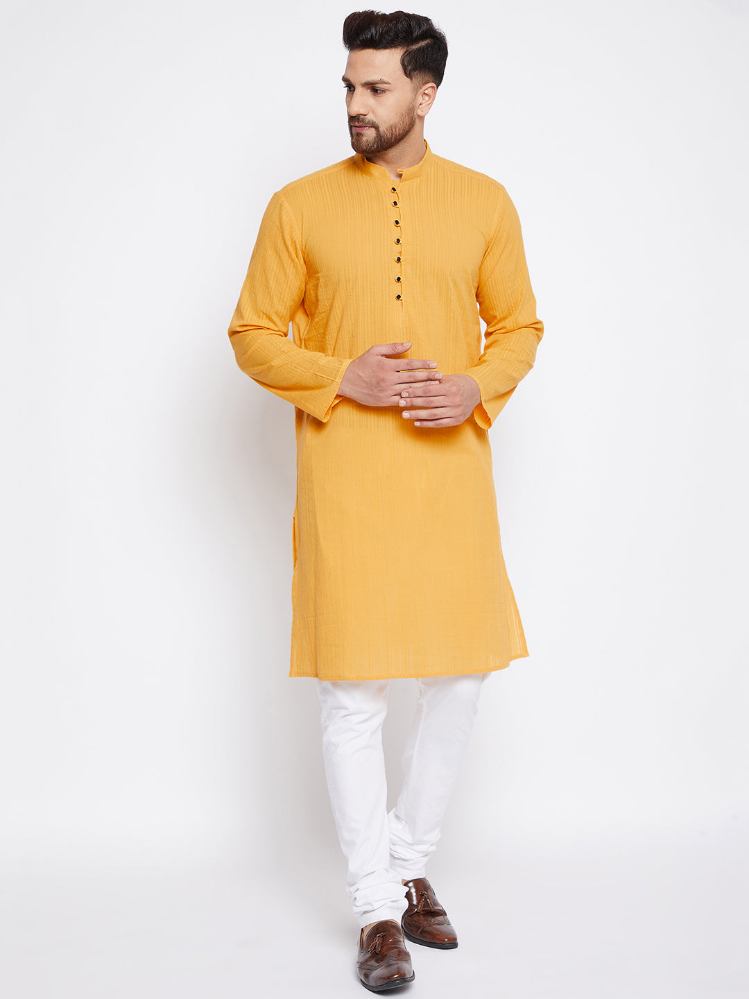 Men's Pure Cotton Yellow Straight Kurta - Even Apparels