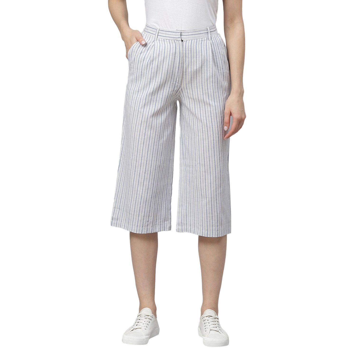 Women White Striped Cotton Culottes Trousers by Myshka (1 Pc Set)