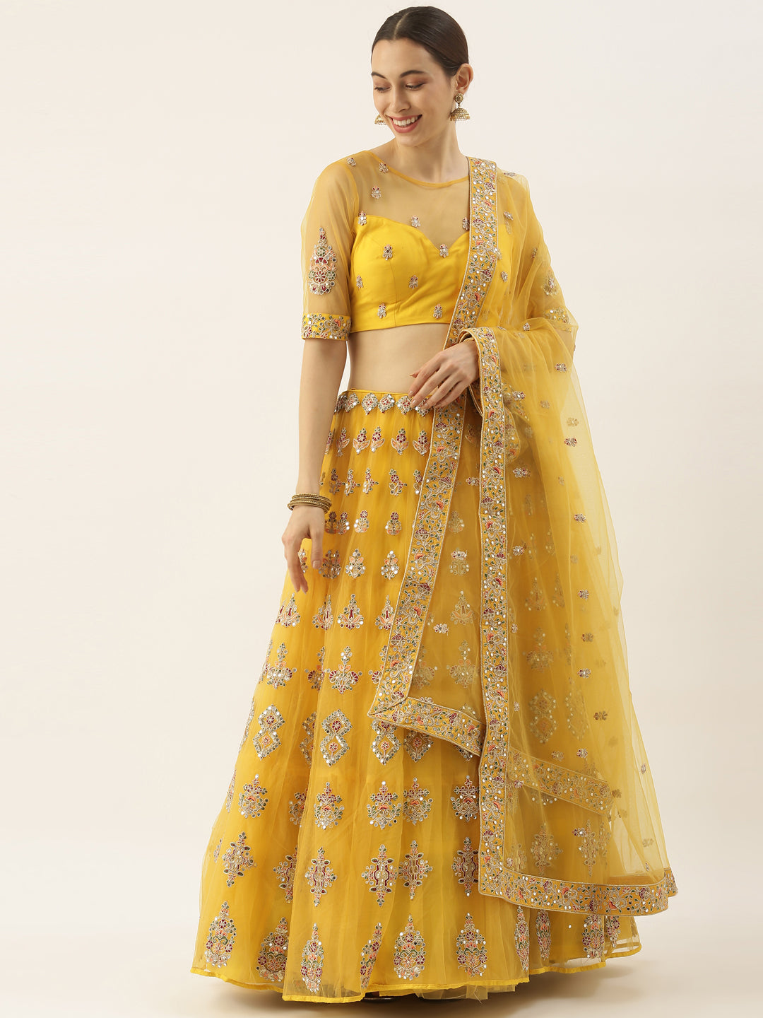 Women's Mustard Embroidered Net Fully Stitched Lehenga & Blouse With Dupatta - Royal Dwells