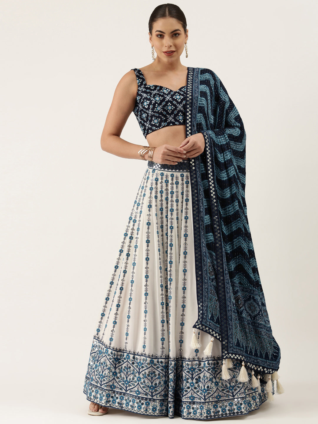 Women's Navy Blue Pure Georgette Sequinse Work Fully Stitched Lehenga & Fully Stitched Blouse With Dupatta - Royal Dwells