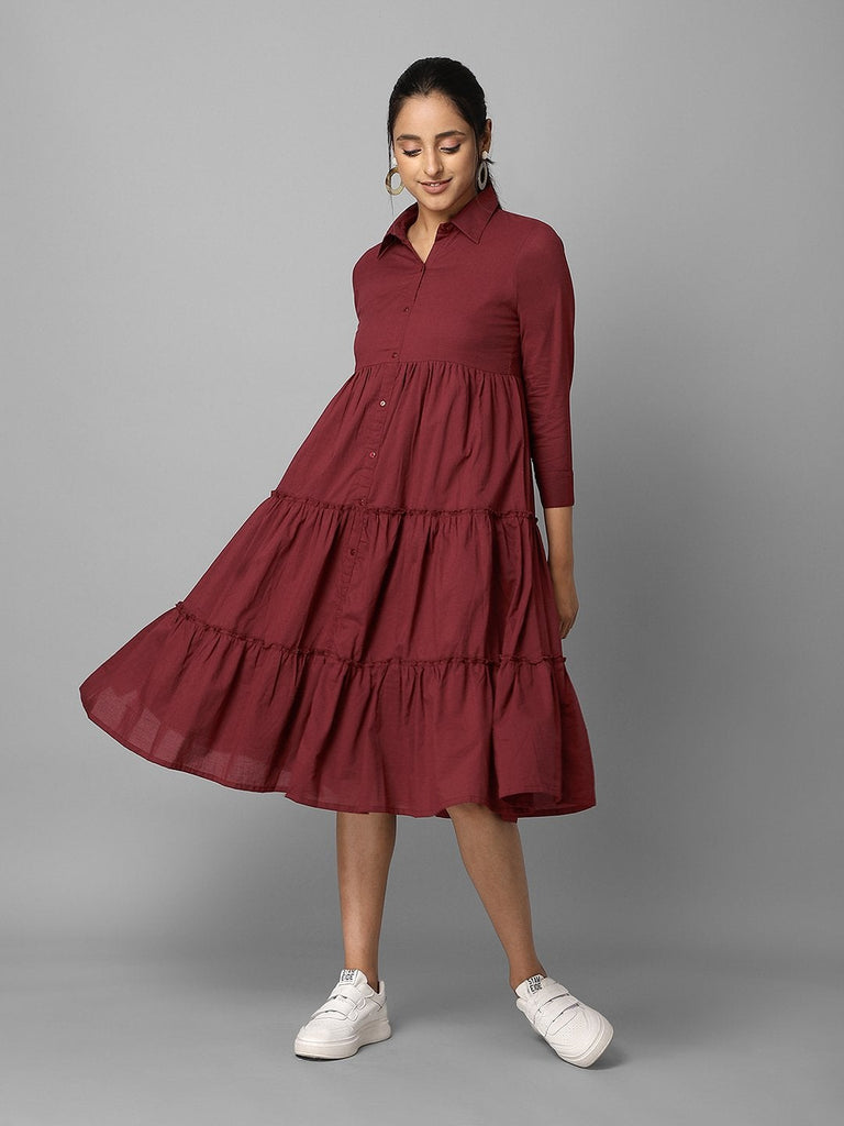 Women's Solid Wine Tiered A-Line Dress