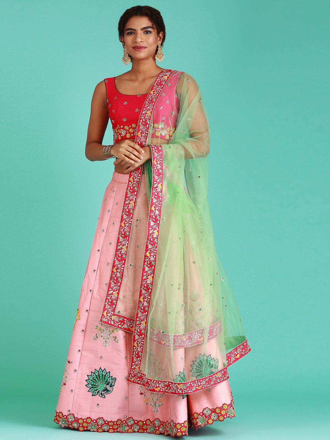 Women's Coral Pure Silk Mirror Work Fully Stitched Lehenga & Stitched Blouse With Dupatta - Royal Dwells