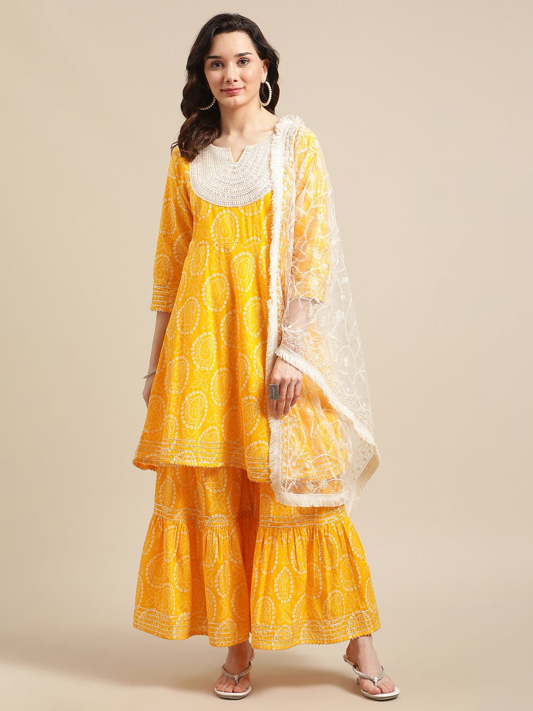 Women's Mustard And White Bandhej Printed Flared Kurta Sharara Set With Net Embroidered Dupatta - Varanga