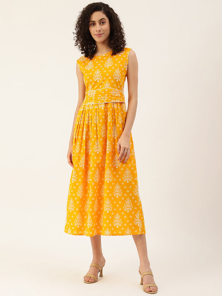 Women's Orange Printed Cowl Belt Cotton Dress